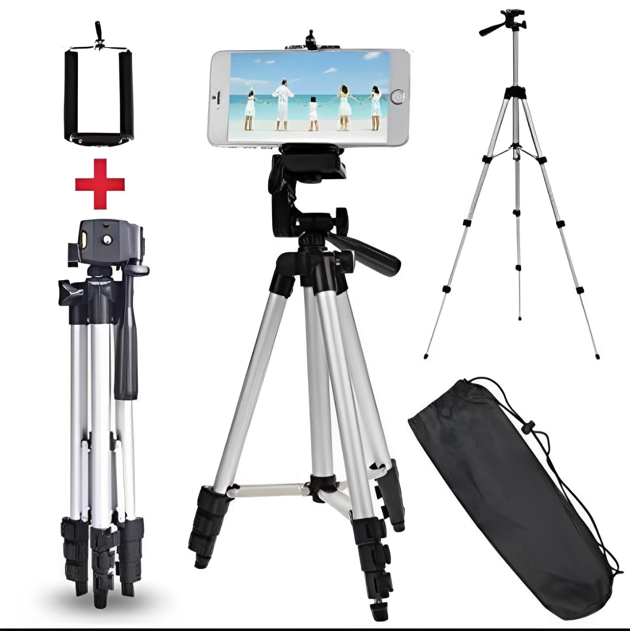 Pack Of 03 3.5 Feet Adjustable Tripod Stand for Mobile Phones and Cameras with Mobile Holder, Portable DSLR Stand for Vlogging, Universal Silver Model 3110 and Bag